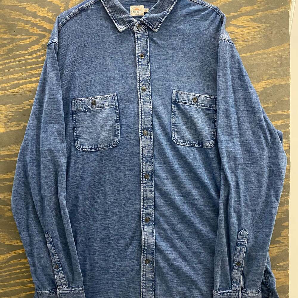 Faherty Brand Indigo Wash Button Up Shirt XXL Blue Long Sleeve Casual